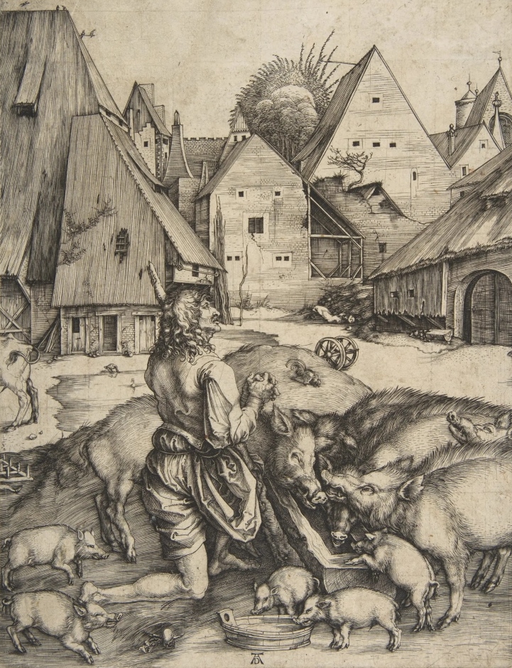 Альбрехт Дюрер. Блудный сын, кормящийся со свиньями. 1498