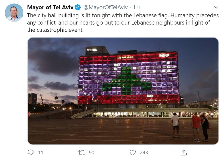 Мэрия Тель-Авива в цветах ливанского флага
