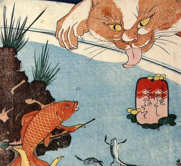 Утагава Куниёси. Кот и золотые рыбки (фрагмент). 1839
