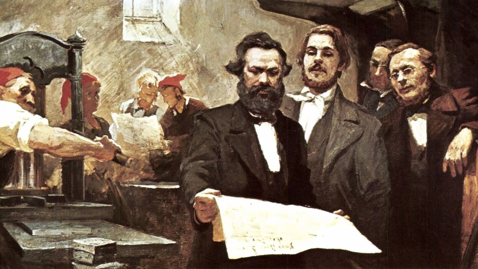 Е. Н. Сапиро. Карл Маркс и Фридрих Энгельс в типографии «Новой Рейнской газеты». 1967