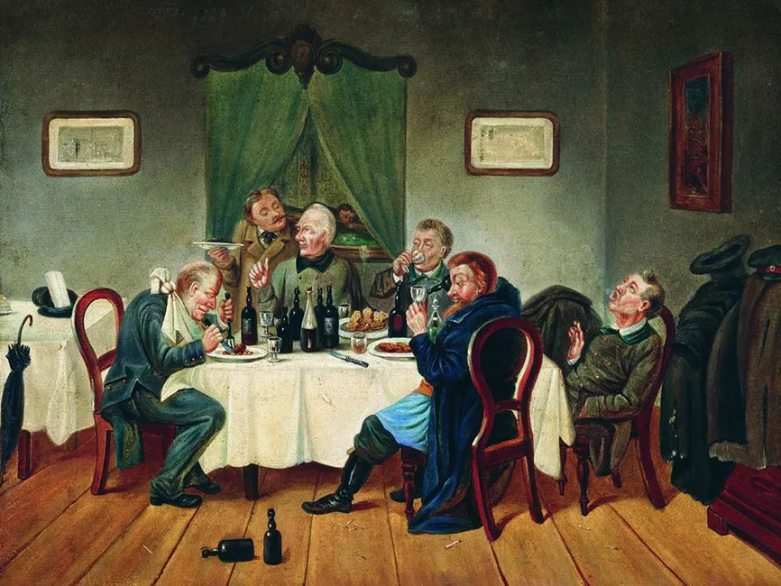 Леонид Соломатин. Пирушка. Купец угощает чиновников по выгодному подряду. 1872