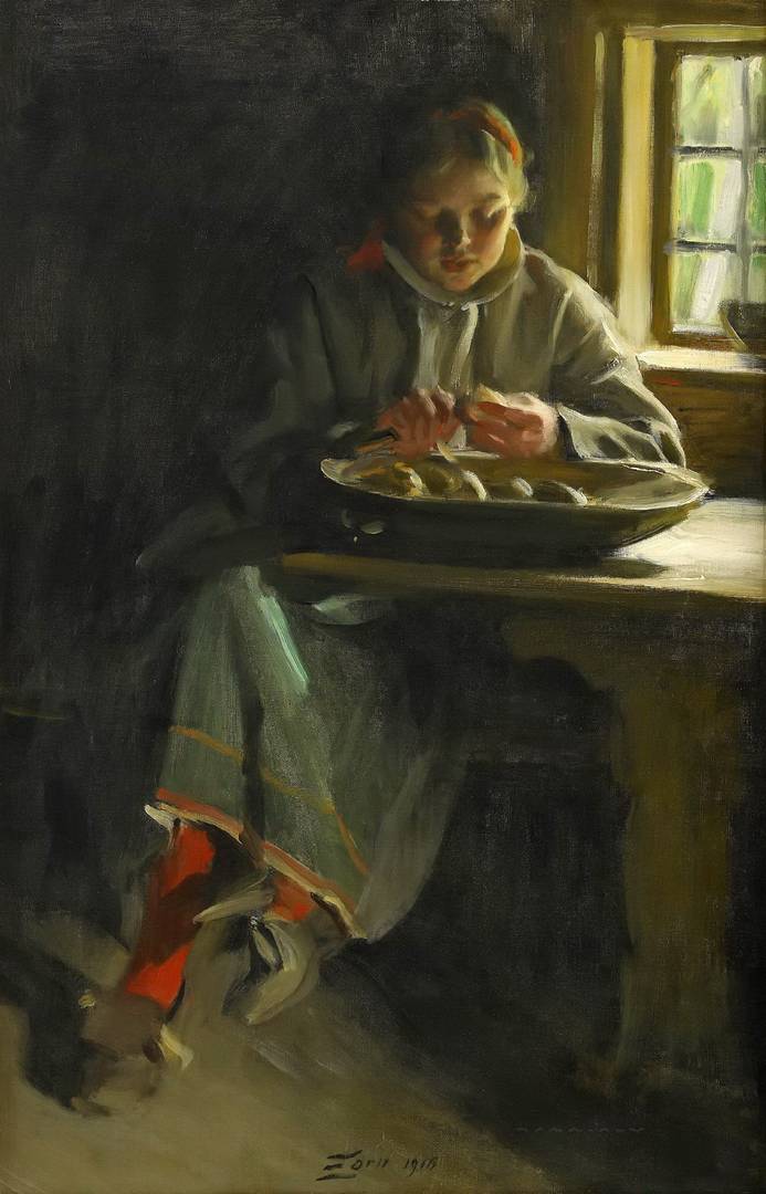 Интерьер с девушкой, чистящей картофель. 1916