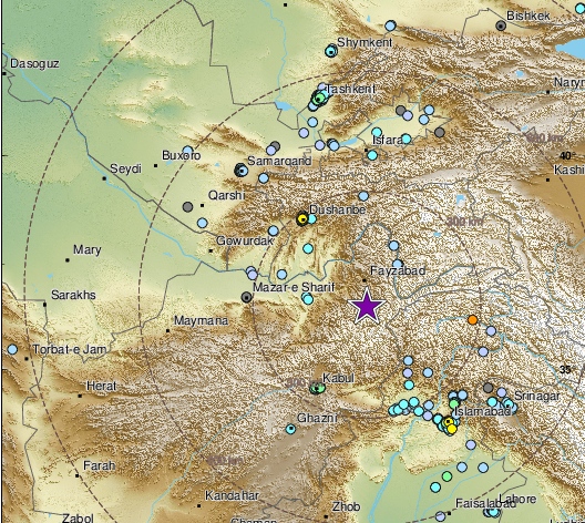 Карта землетрясения в Афганистане 11 января 