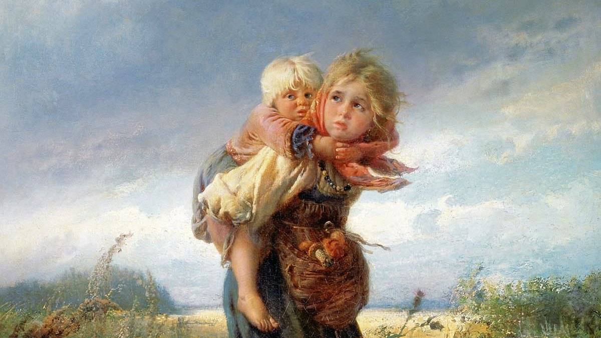 Маковский Константин. Дети, бегущие от грозы (фрагмент). 1872.