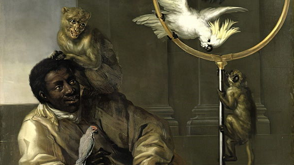 Дэвид Клёкер. Негр с попугаями и обезьянами (фрагмент). 1670