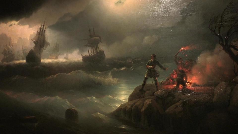 Иван Айвазовский. Петр I при Красной Горке, зажигающий костер на берегу для подачи сигнала гибнущим судам своим. 1846
