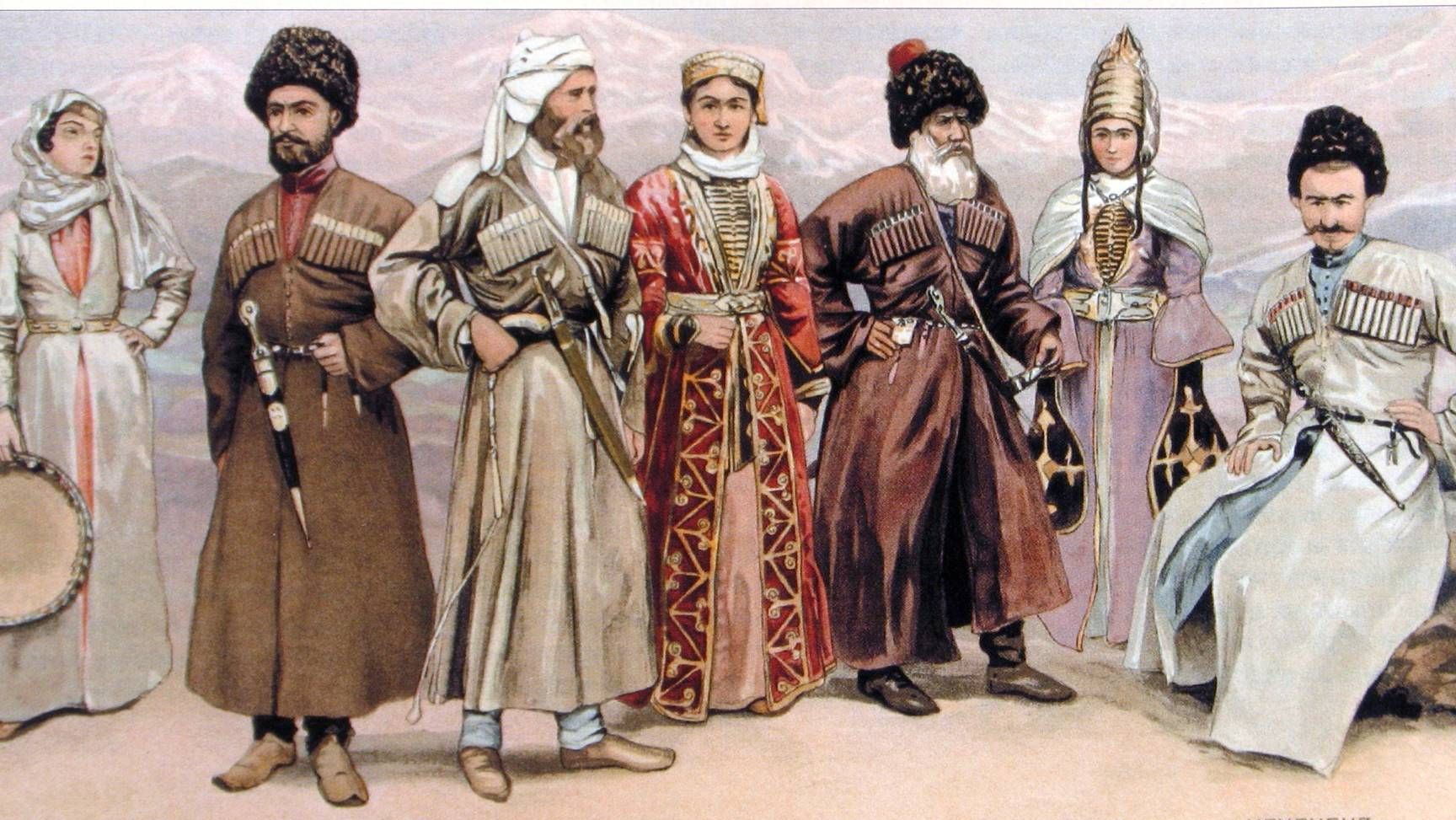 Народы Северного Кавказа. Хромолитография. XIX век.