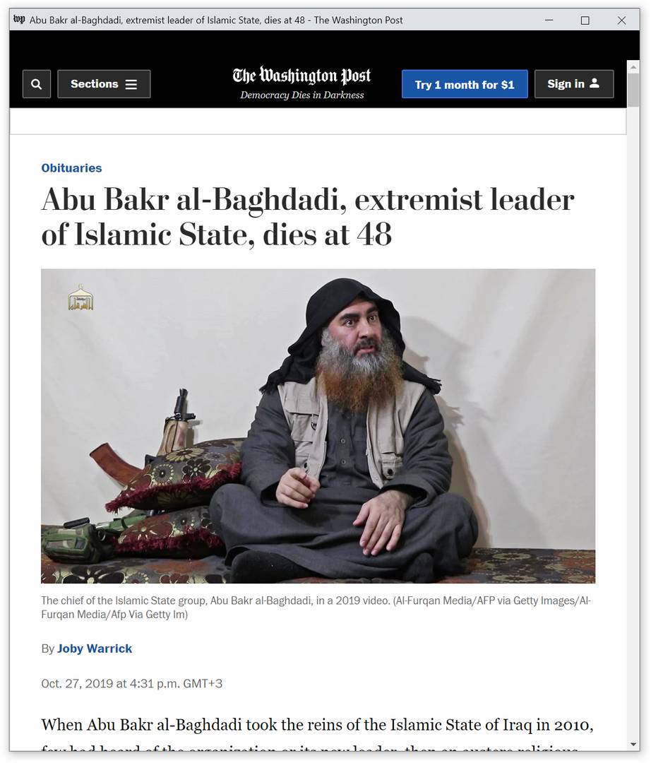 Трижды переписанный заголовок статьи The Washington Post о смерти Абу Бакра аль-Багдади