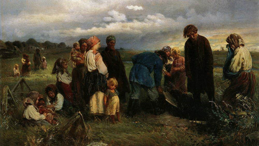 Константин Маковский. «Похороны ребенка в деревне» (фрагмент). 1872.