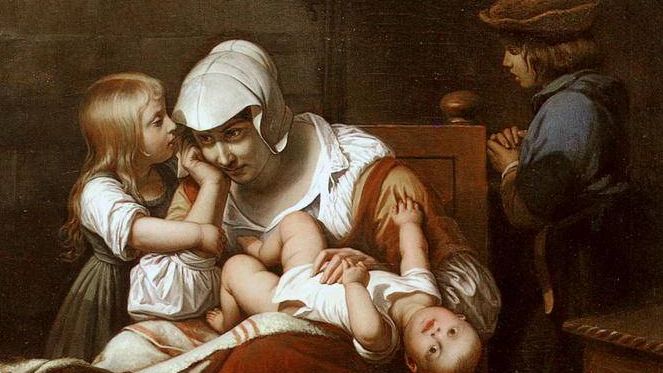 Поль Деларош. Молодая мать и ее дети. Фрагмент. XVIII век