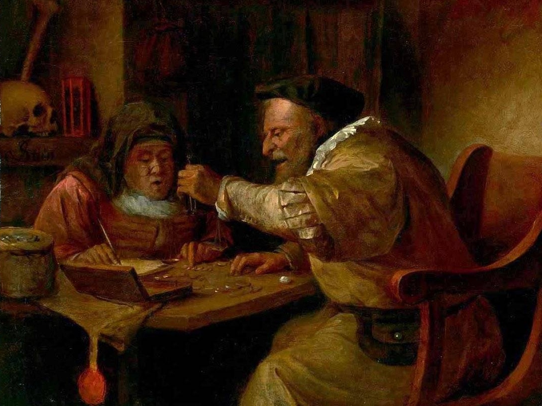 Ян Стен. Подсчёт и взвешивание золотых монет (фрагмент). 1660-е