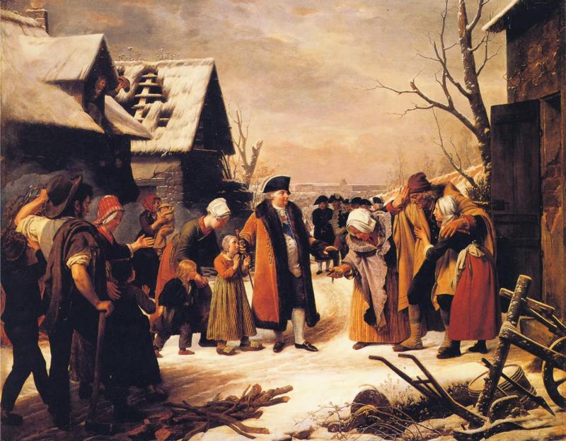 Луи Эрсан. Людовик XVI, раздающий милостыню крестьянам Версаля зимой 1788 года