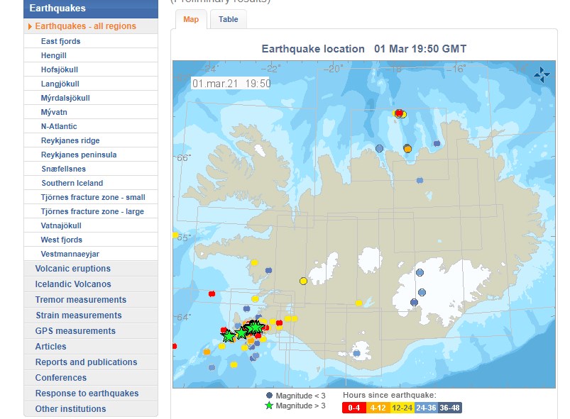 Карта подземных толчков в Исландии