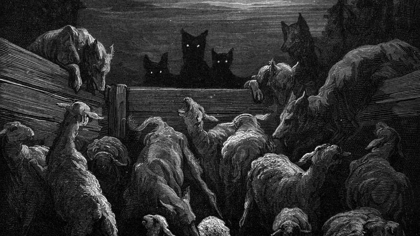 Густав Доре. Волки и стадо овец (фрагмент). 1867