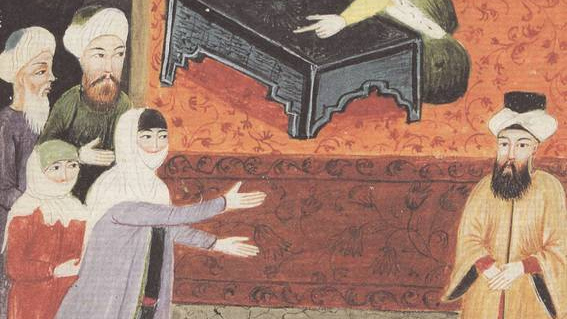 Женщина требует развода с мужем в Шариатском суде, османская миниатюра (фрагмент), XVIII век