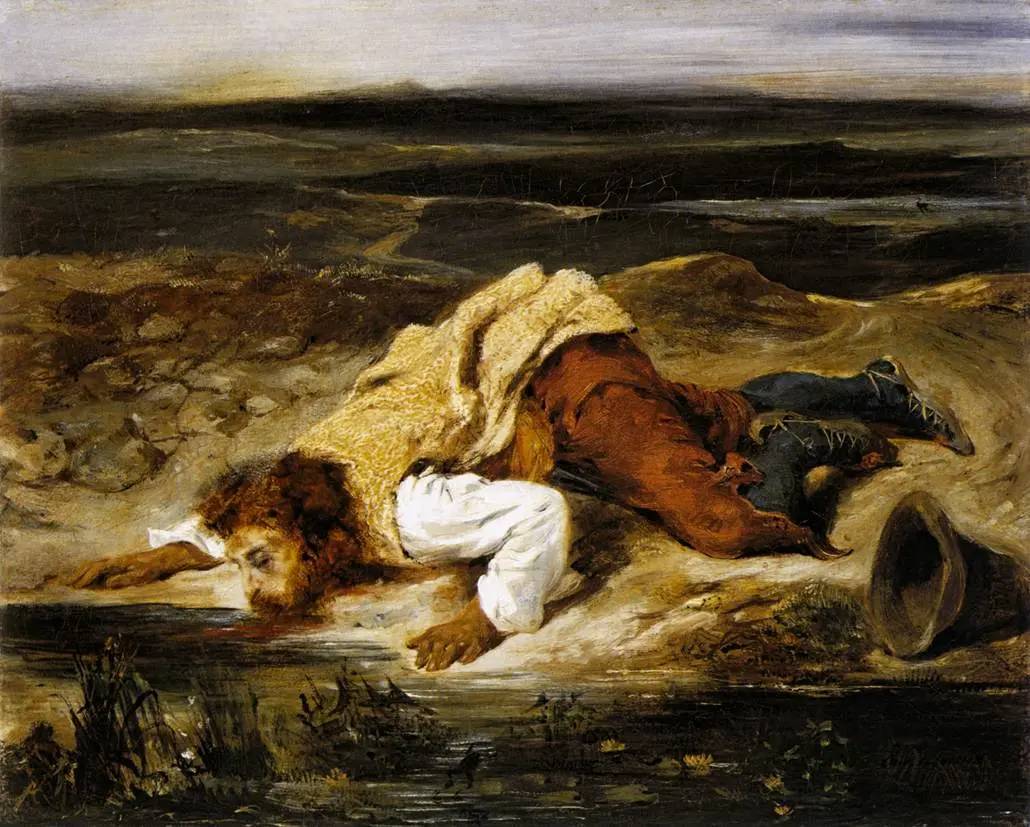Эжен Делакруа. Смертельно раненый разбойник утоляет жажду. 1825