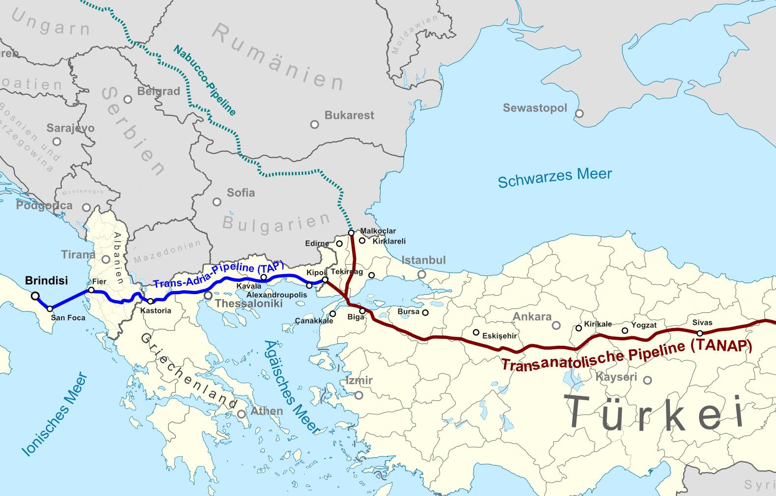 Трансанатолийский газопровод (TANAP; отмечен красным)