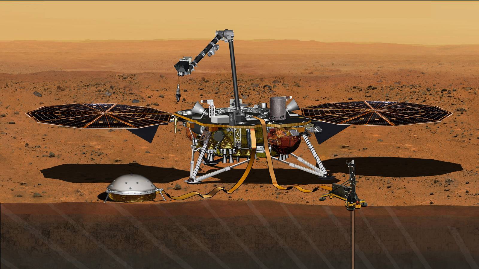 Рисунок посадочного модуля NASA InSight Mars, полностью развернутый для изучения глубоких недр Марса