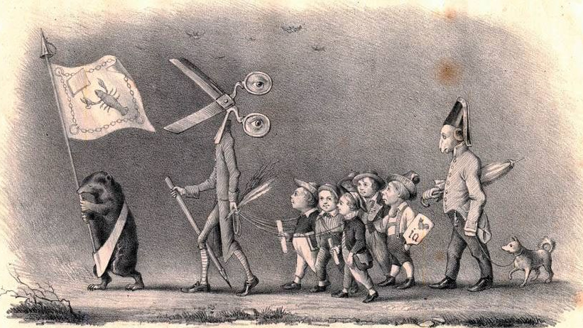 Журнал Lighthouse. Карикатура «Хорошая печать». 1847. Подпись гласит: «Сладкая священная цензура. Пойдем по твоей тропе. Направляйте нас к себе, Как к детям, на ремне!»