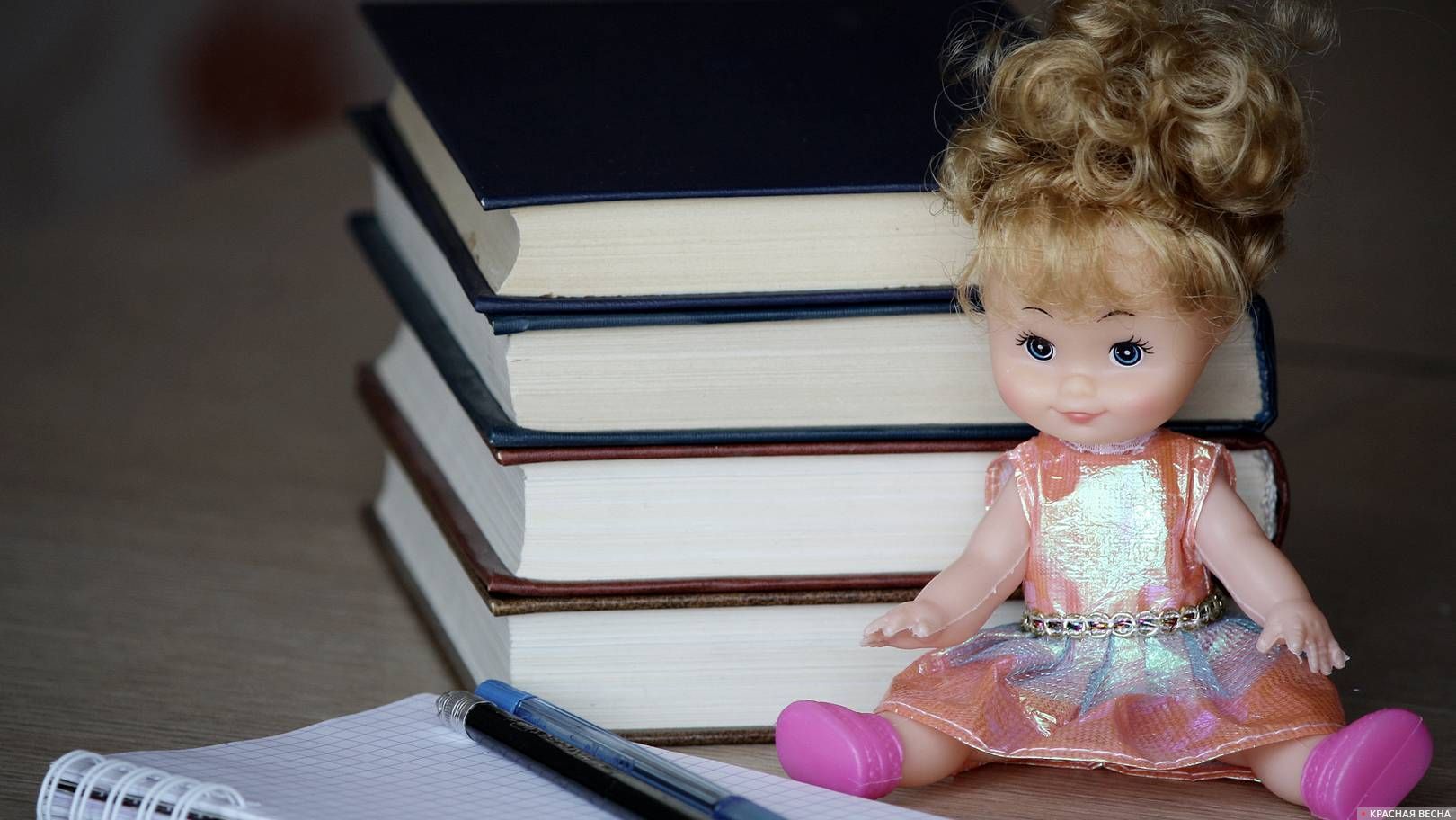 Куколка сидит у стопки книг
