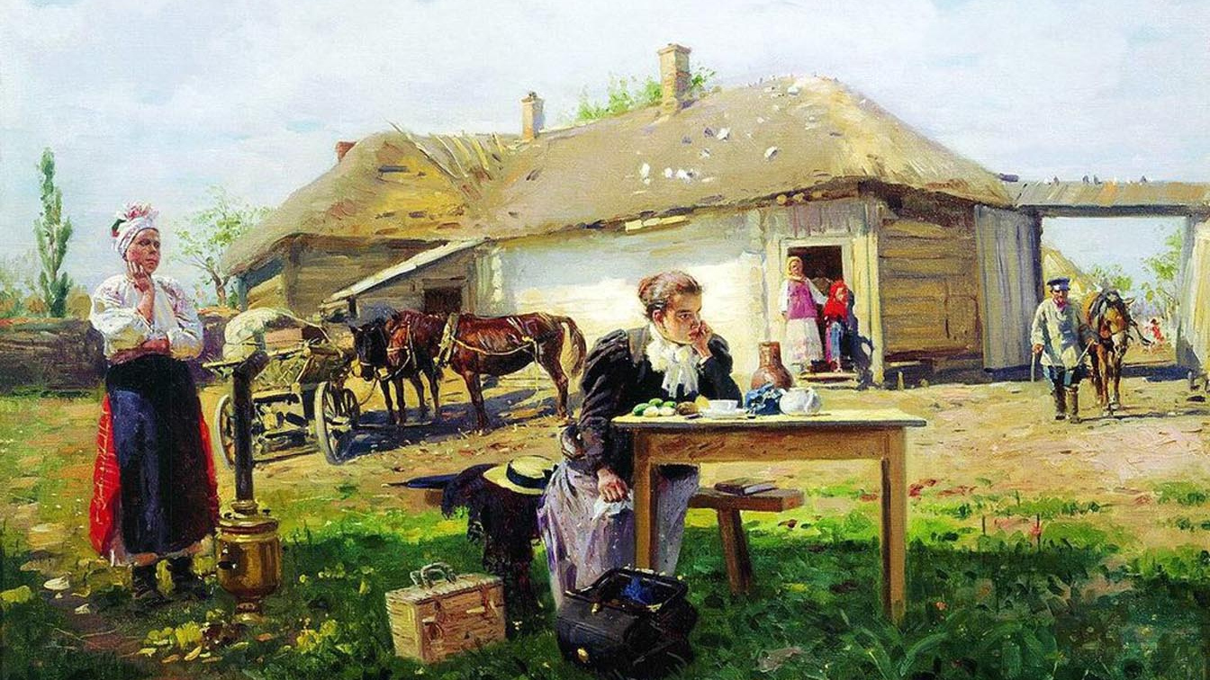 Владимир Маковский. Приезд учительницы в деревню. 1897