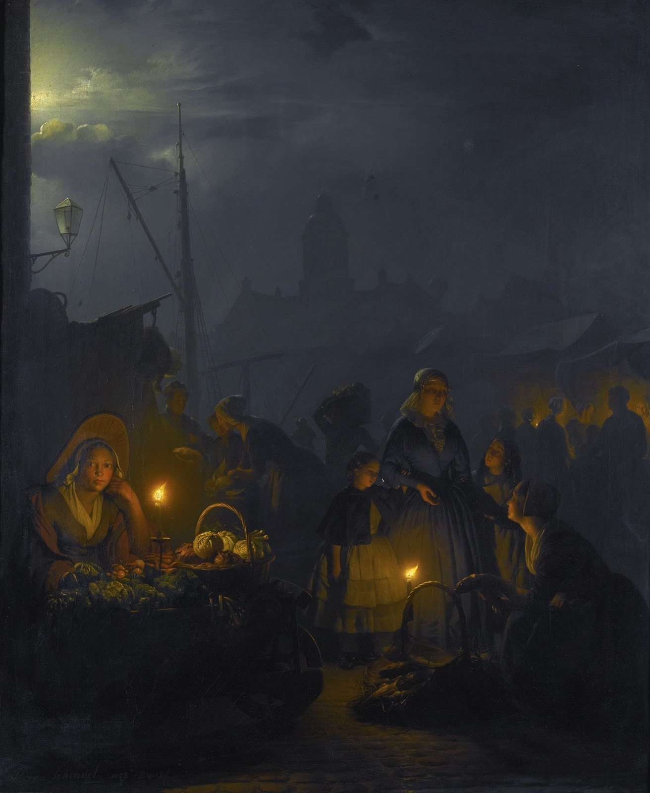 Петрус Ван Шендель. Голландский рынок в лунном свете. 1853