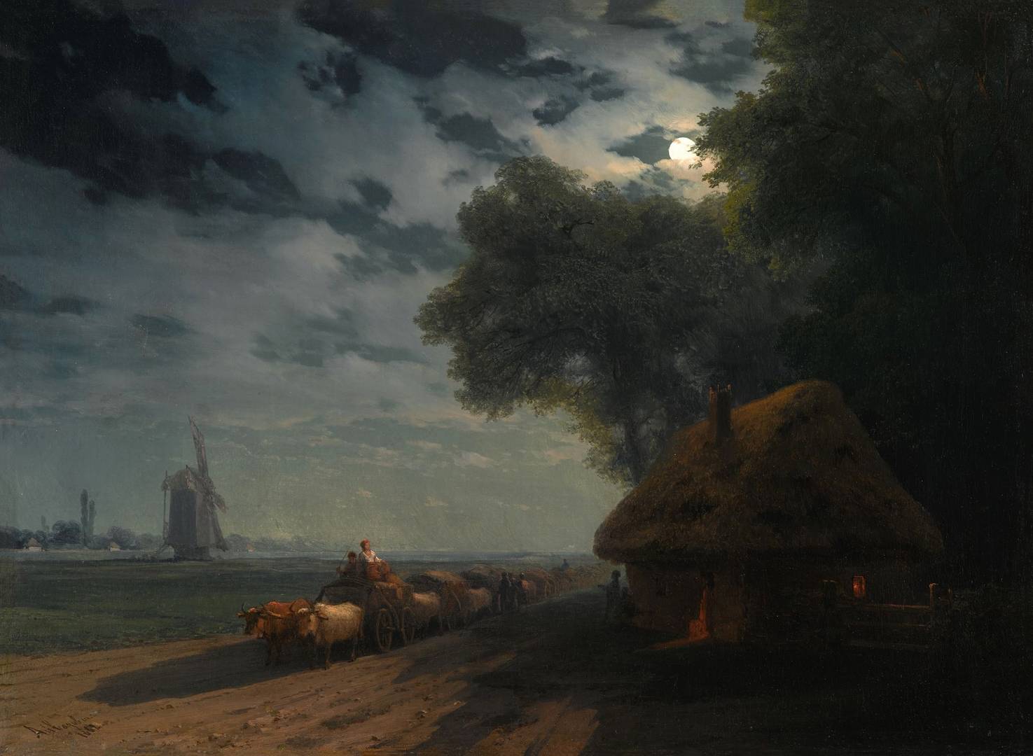 Иван Айвазовский. Украинский пейзаж с чумаками при луне. 1869