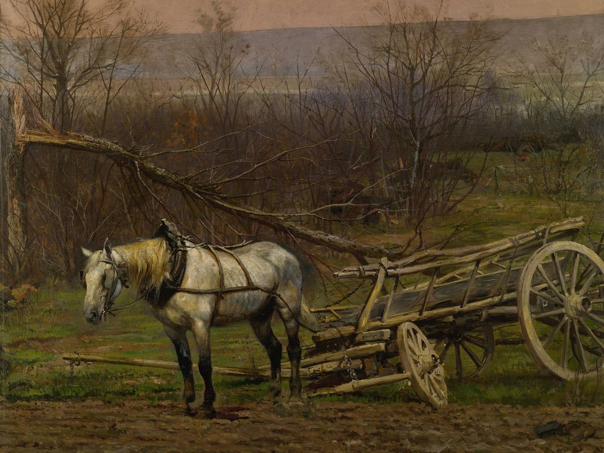 Жан Батист Эдуар Детай. Телега, запряжённая белой лошадью (фрагмент)