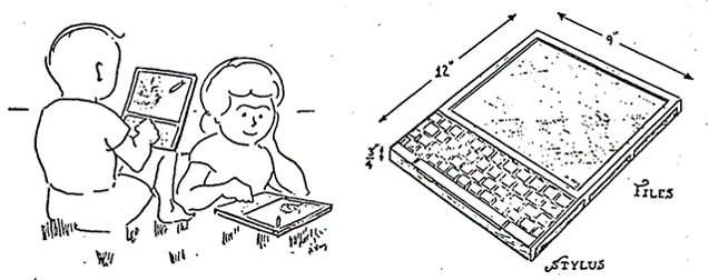Слева дети играют в игру Spacewar! на придуманном Аланом Кеем устройстве Dynabook (справа) (1972, рисунки Алана Кея).