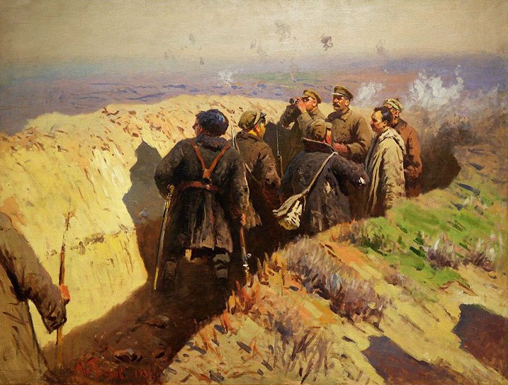 Митрофан Греков. И. В. Сталин и К. Е. Ворошилов в окопах под Царицыном. 1934