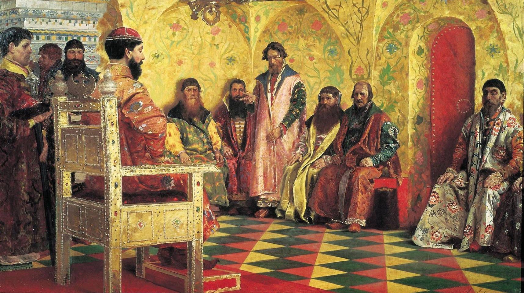 Андрей Рябушкин. Сидение царя Михаила Федоровича с боярами в его государевой комнате. 1883