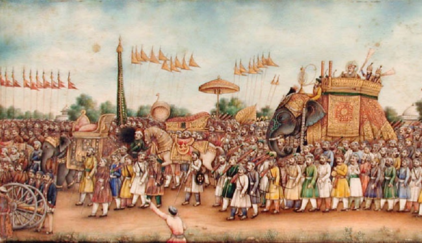 Миниатюры Индии. Акбар Шах II верхом на слоне в большой прецессии. Фрагмент. 1835