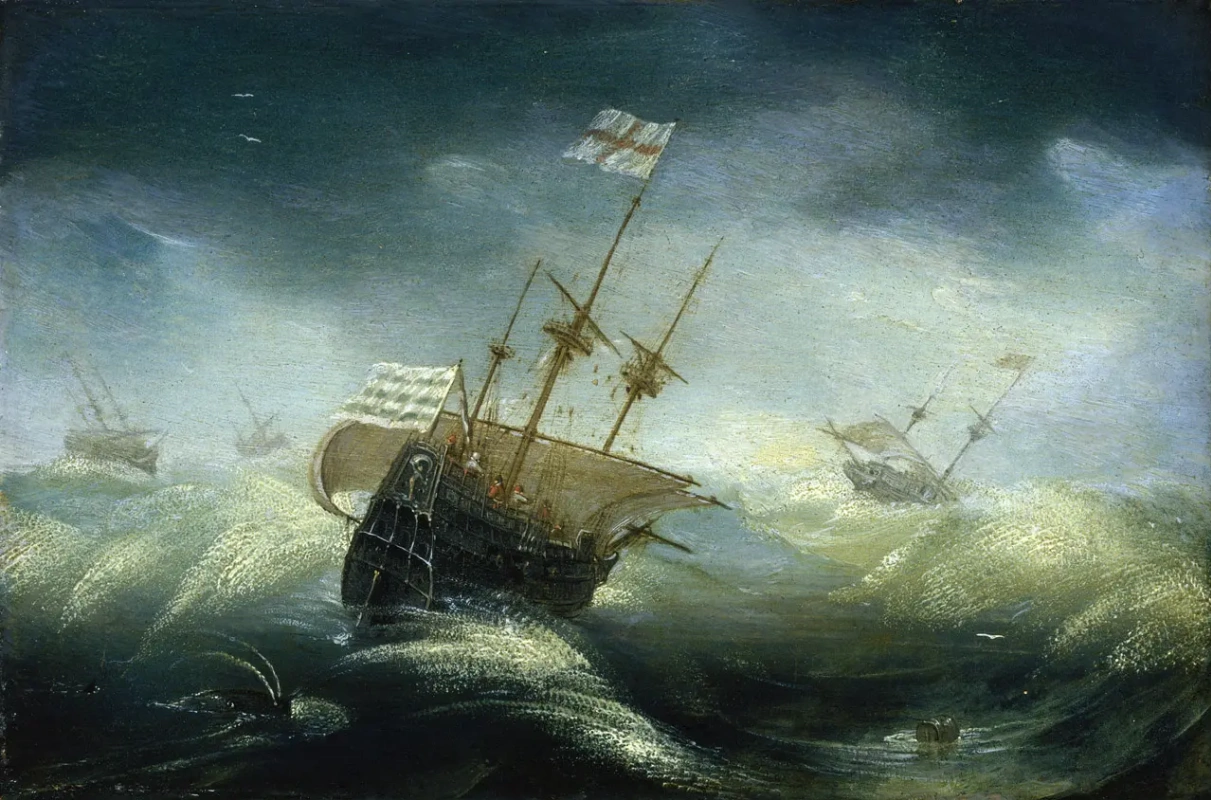 Ян Порселлис. Английские корабли в бурном море. 1610