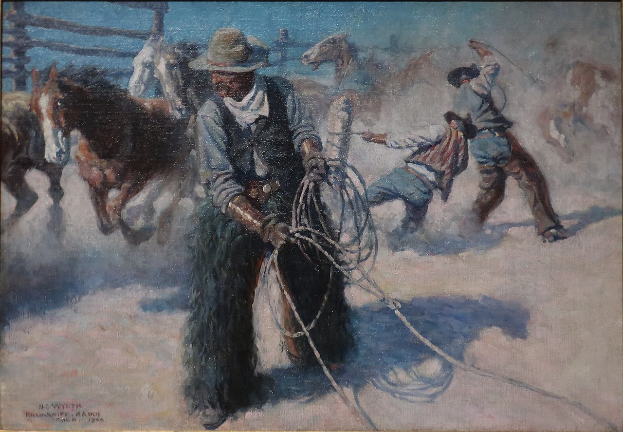 Ньюэлл Конверс Уайет. Заарканивание лошадей в загоне. 1904