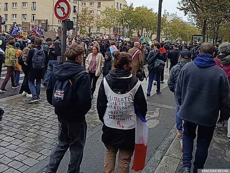 На девушке - майка с классическим республиканским лозунгом «Liberté, Fraternité, Égalité» («Свобода, Равенство, Братство»). Буквы выделены красным так, что визуально складывается слово «bla‑bla‑bla»... Имеется в виду, что реальное положение дел полностю не соответствует заявленным идеалам, призванным объединять общество