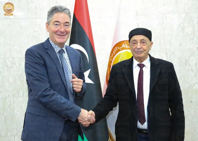 Встреча спикера ливийского парламента Агилы Салеха (справа) и посла Германии в Ливии Михаэля Онмахта (слева)