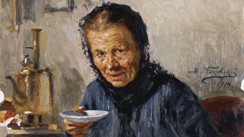 Владимир Маковский. Старушка, пьющая чай (фрагмент). 1914