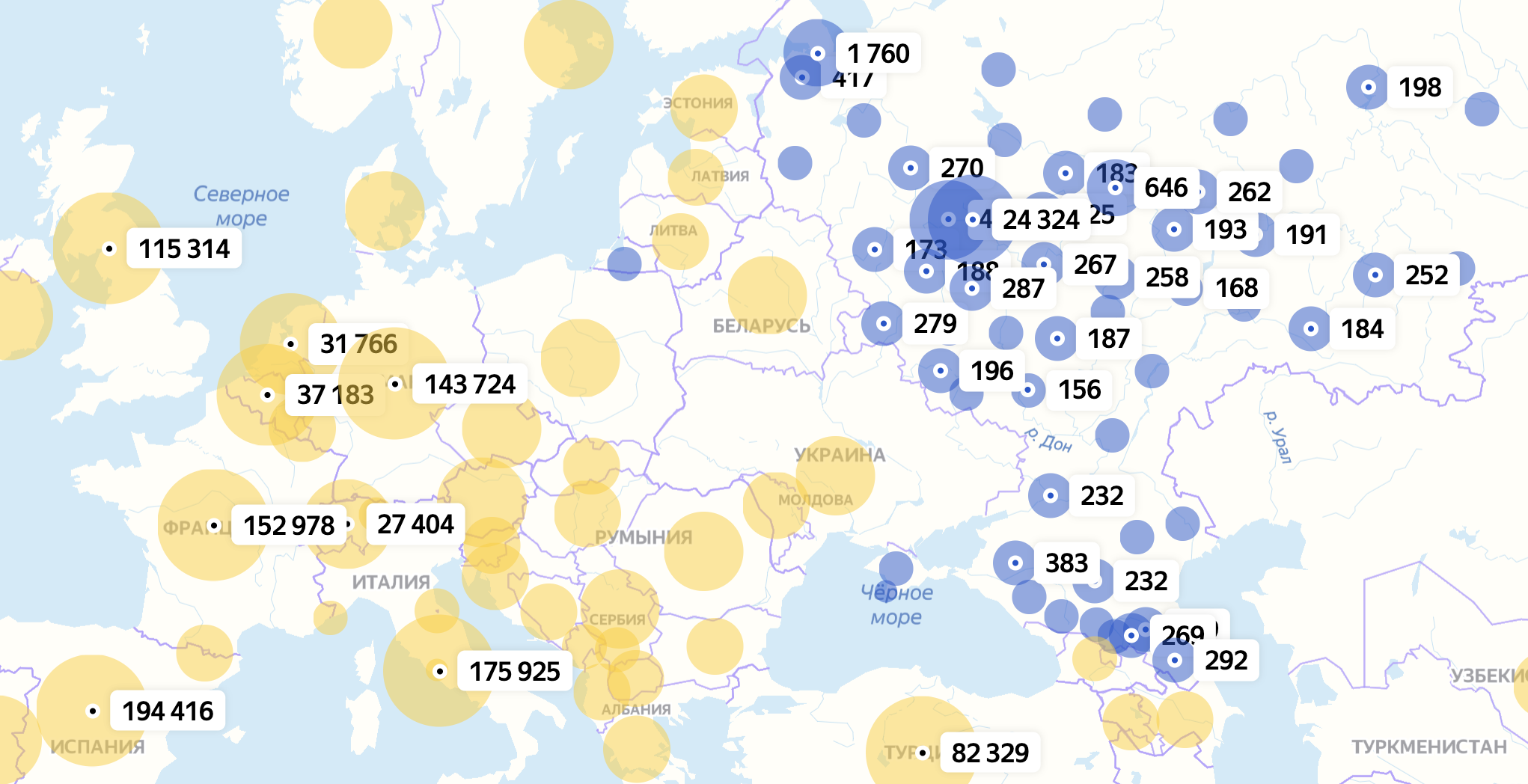 Карта распространения коронавируса в России