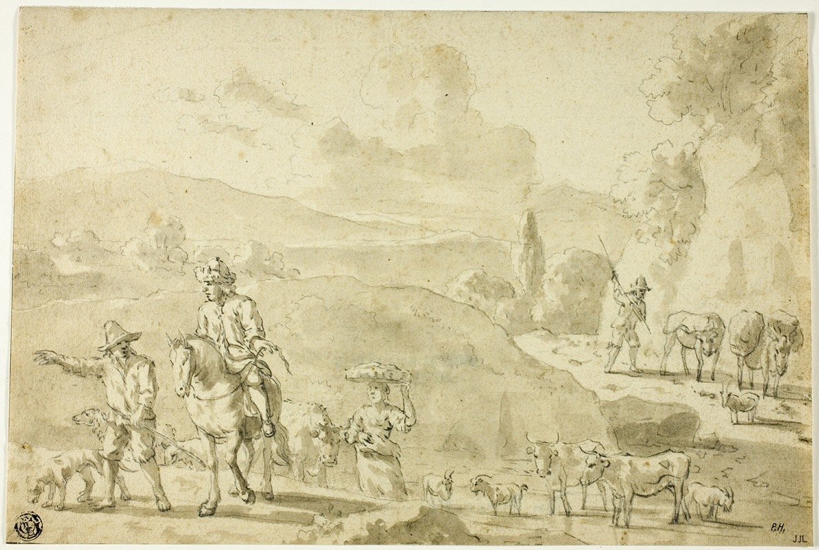 Пасутся коровы, овцы, козы, пастух дает указания путешественнику верхом. Абрахам Янсз Бегейн (1637-1697)