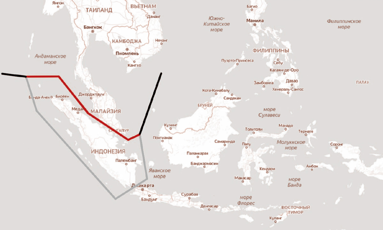 Красным цветом — маршрут через Малаккский пролив, серым — через Зондский