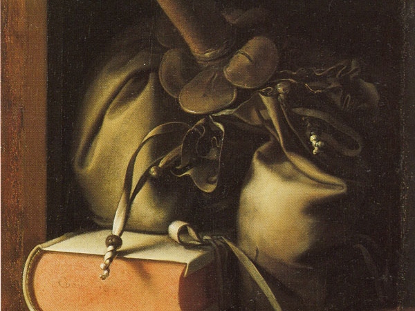 Геррит Доу. Мешок с деньгами и книга на полке (фрагмент). 1647