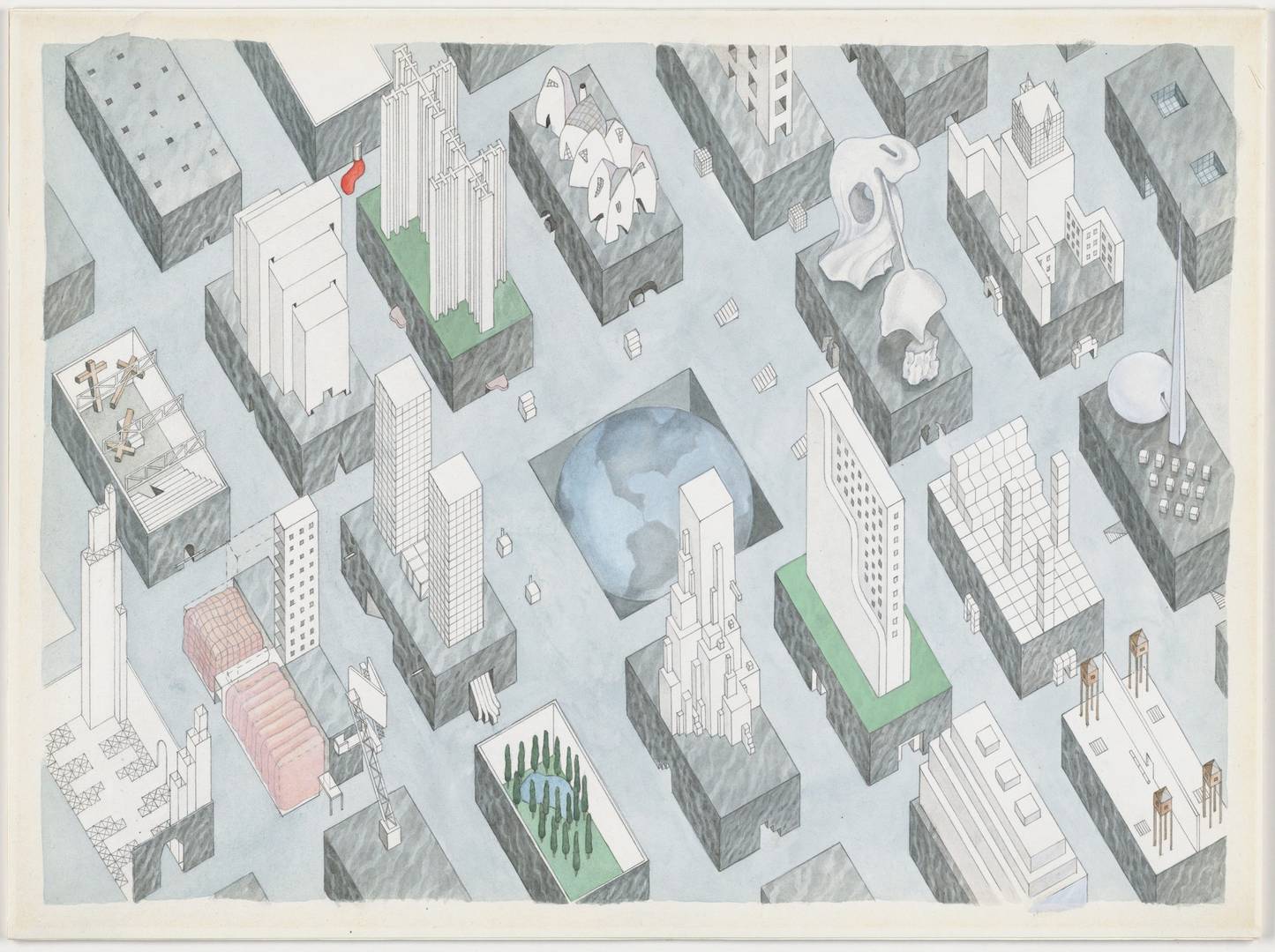 Рем Колхас, Маделон Вризендорп. Проект «Город плененного земного шара», Нью-Йорк, аксонометрия. 1972