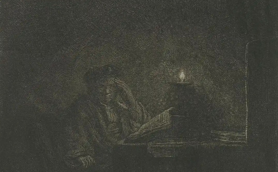 Рембрандт Харменс ван Рейн. Студент за столом в свете свечи (фрагмент). 1642