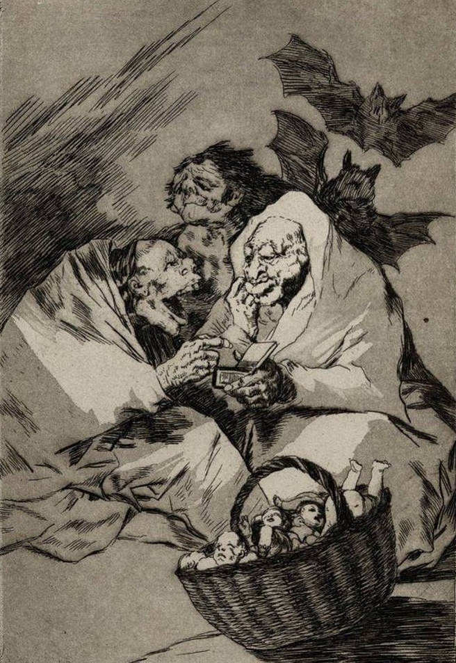 Франсиско Гойя. Эти старухи высасывают соки из младенцев. Из серии Капричос. 1799