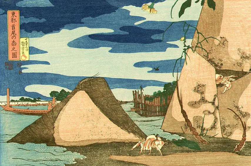 Утагава Куниёси. Крабы на пляже. 1831