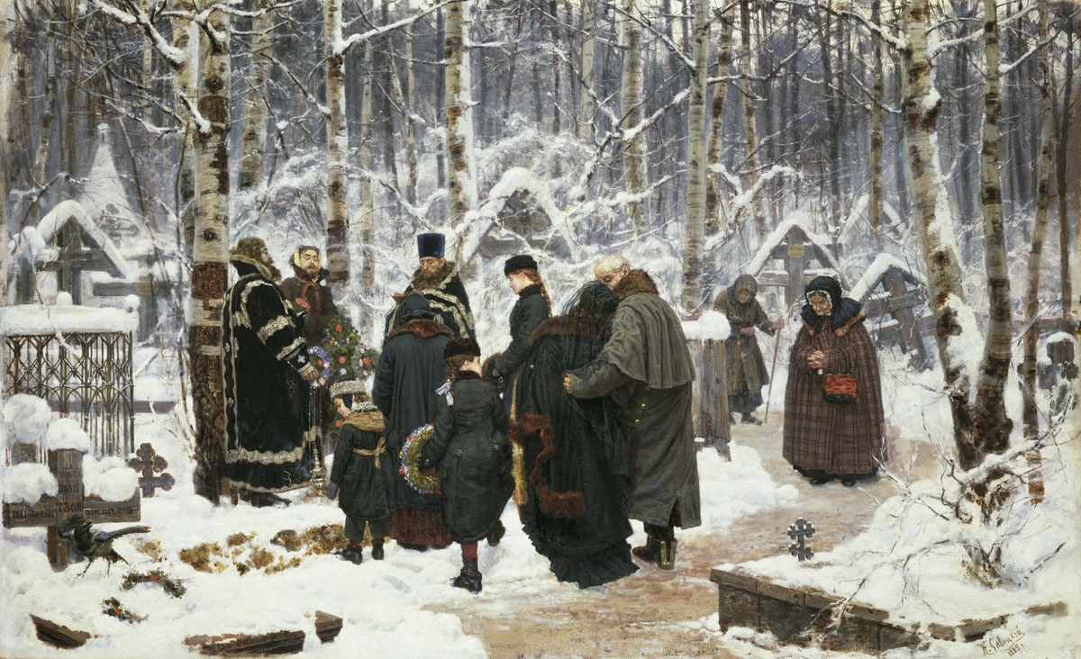 Константин Савицкий. Панихида в 9-й день на кладбище. 1885