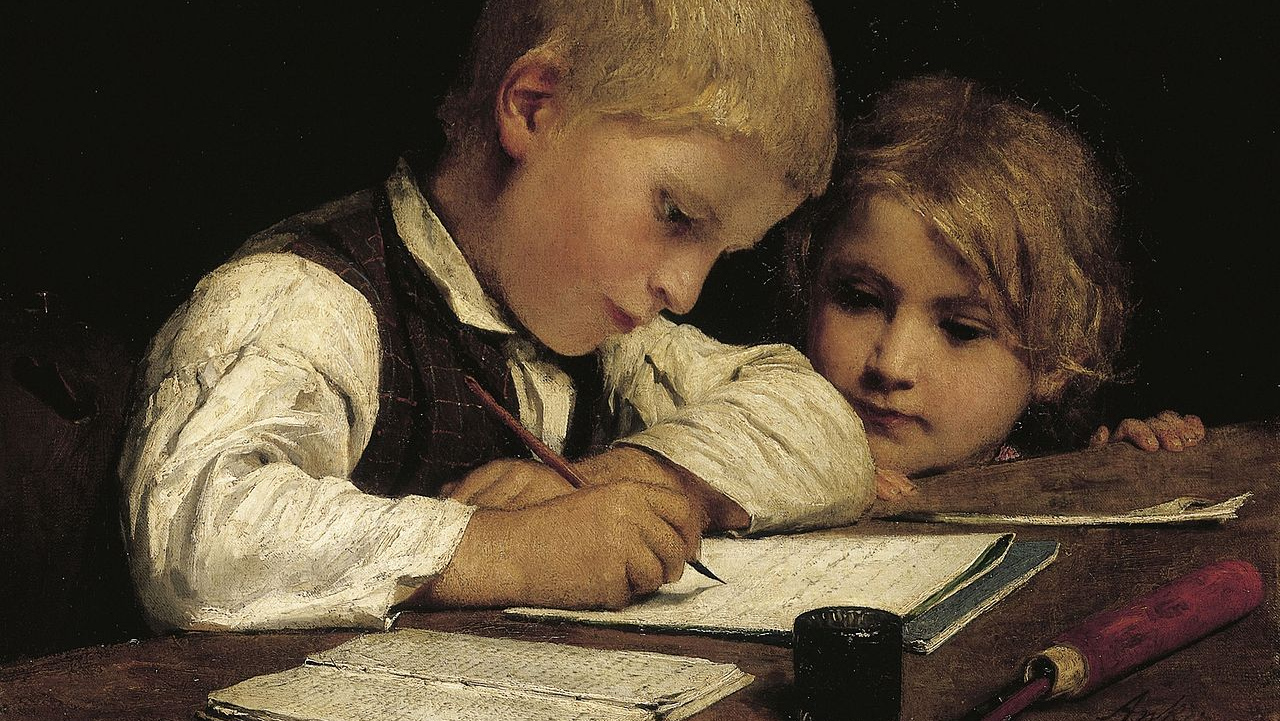 Альберт Анкер. Пишущий мальчик с сестрой (фрагмент). 1875