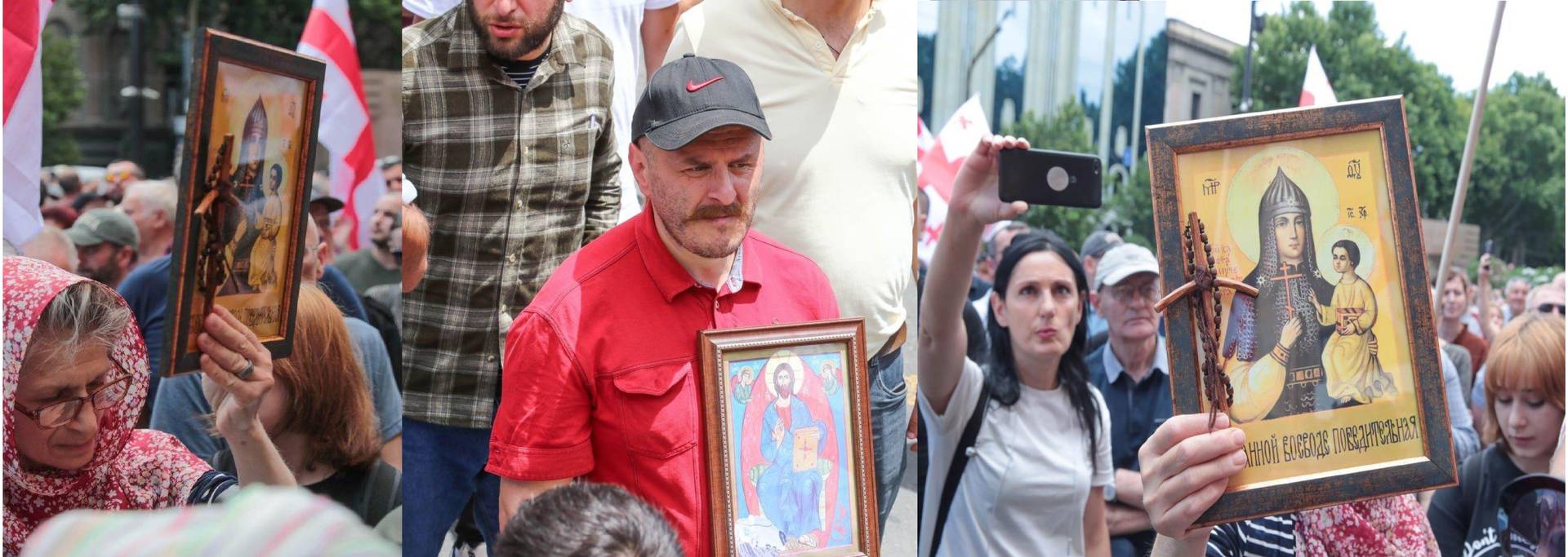 Православные иконы на акции против ЛГБТ-фестиваля в Тбилиси 2 июля 2022 года