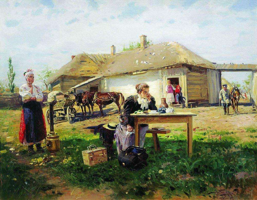 Владимир Маковский. Приезд учительницы в деревню. 1896-1897