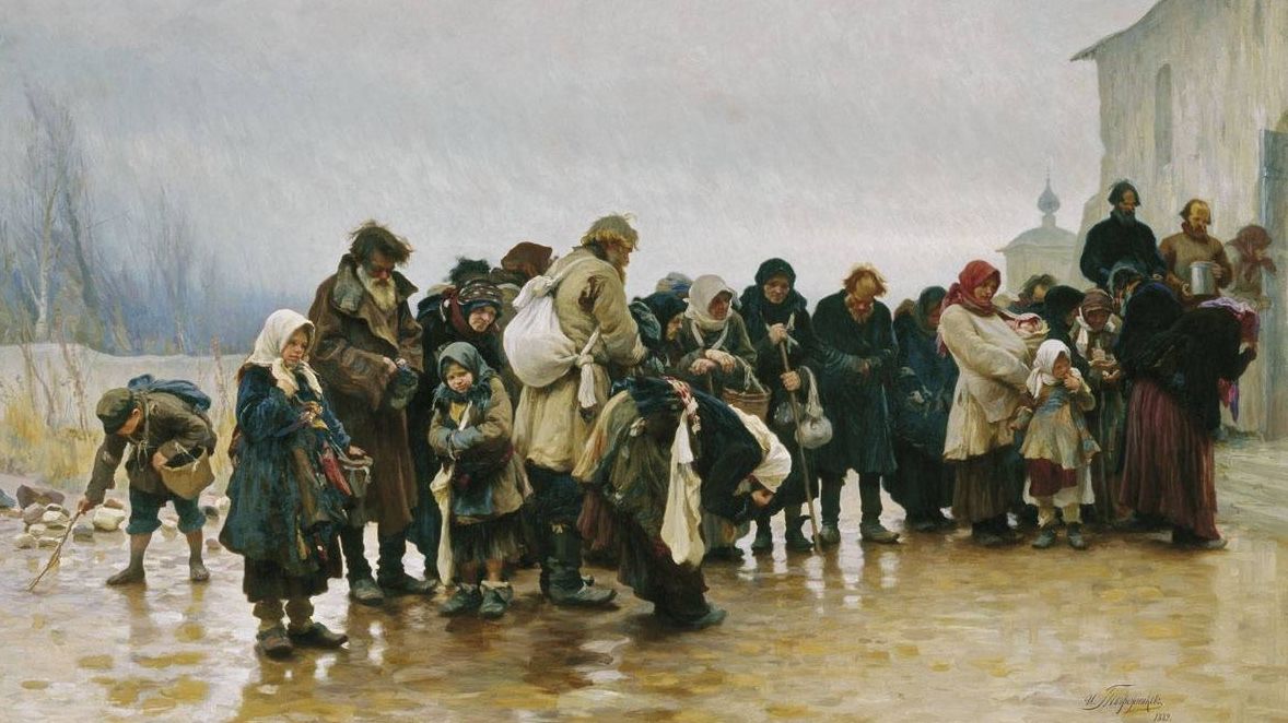 Иван Творожников. Нищие около церкви. Фрагмент. 1889